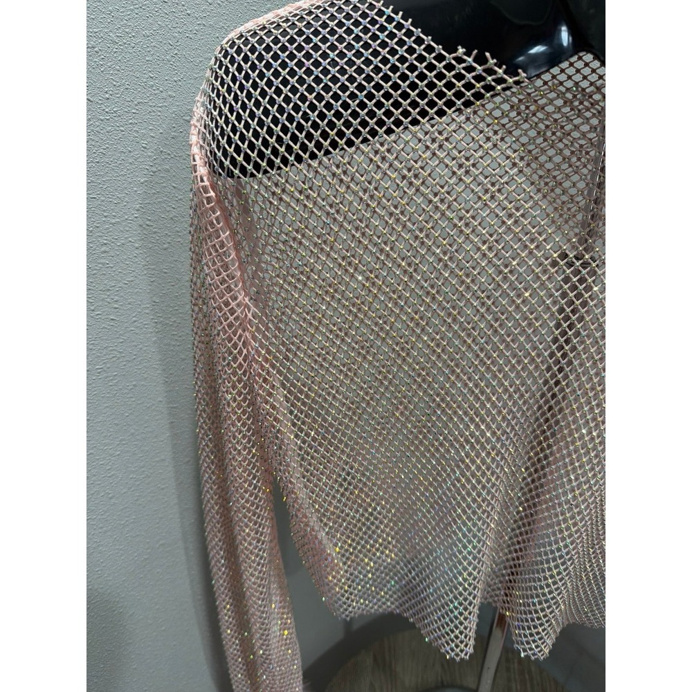 Pink Sparkly Mesh Top Long Sleeve with Feather Cuffs - Picture 2 of 4